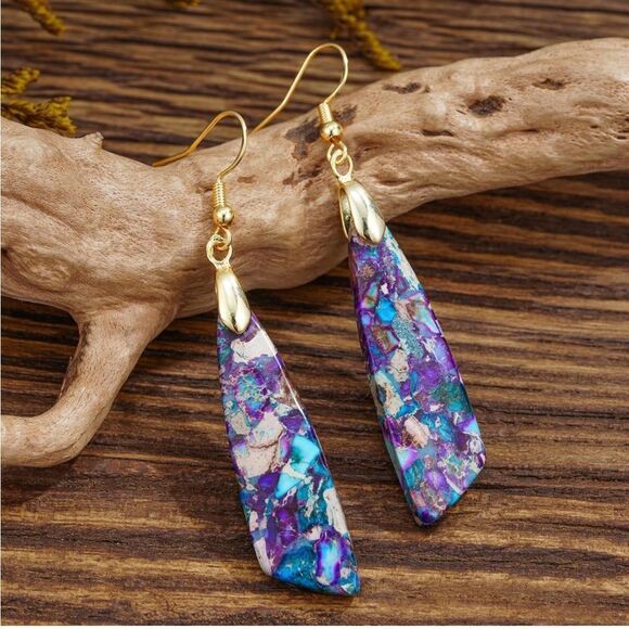 18K Yellow Gold with Natural Imperial Purple Blue Jasper Stone Hook Earrings - Picture 2 of 6